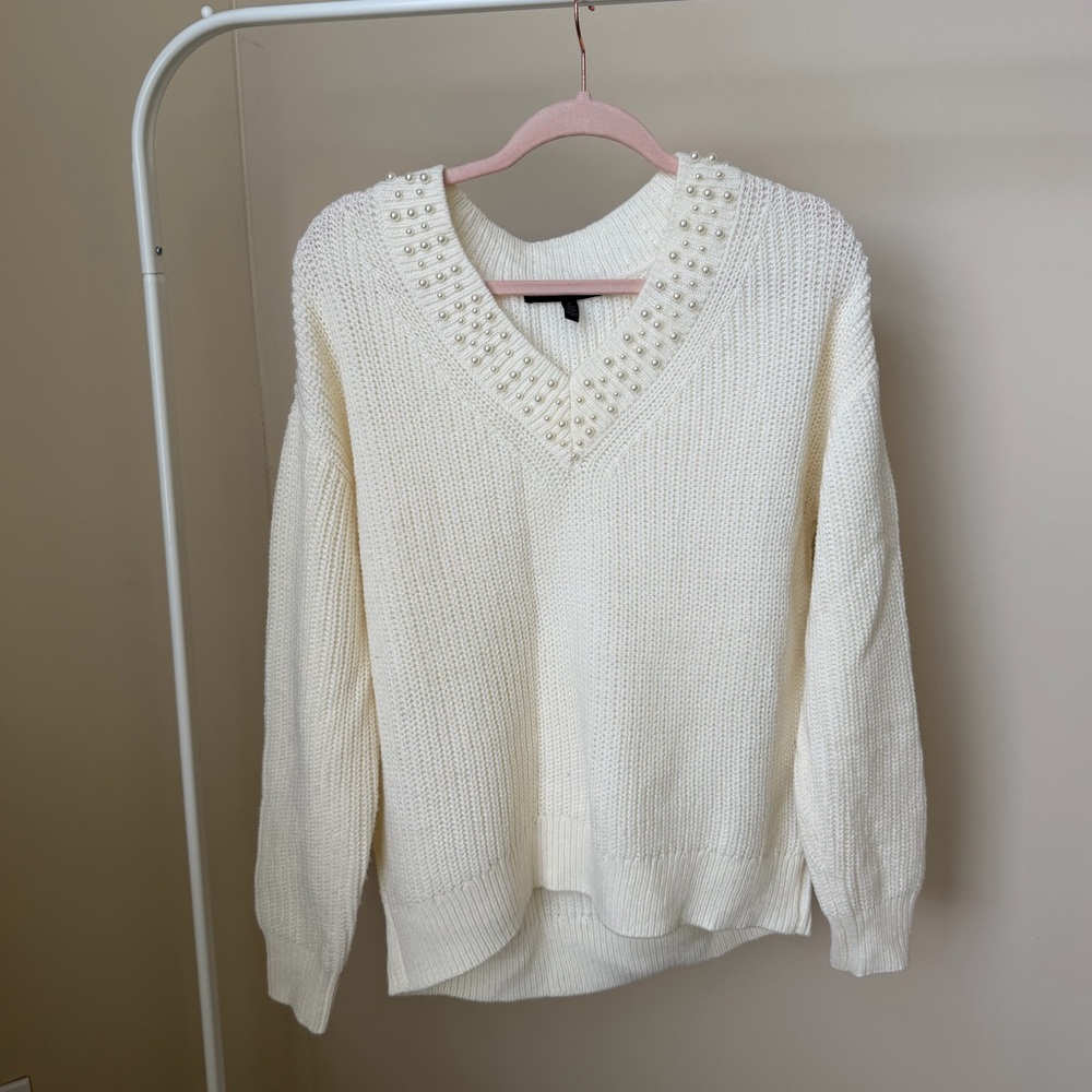 White House Black Market Pearl-Embellished Cream V-Neck Sweater